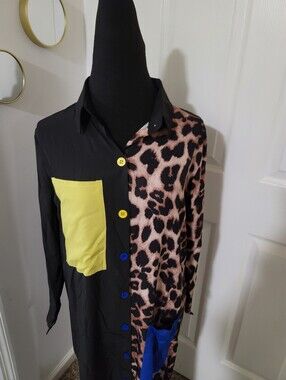La' Ros Black & Leopard Colorblock Button-Down Dress with Yellow Pocket Low/high